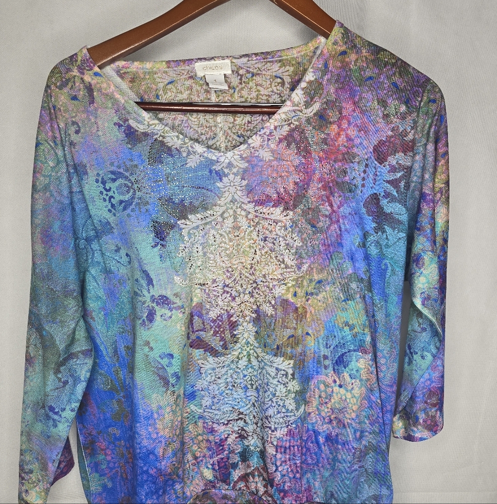 Chico's Top Multicolor Boho Print Embellished Long Dolman Sleeve Tie Front